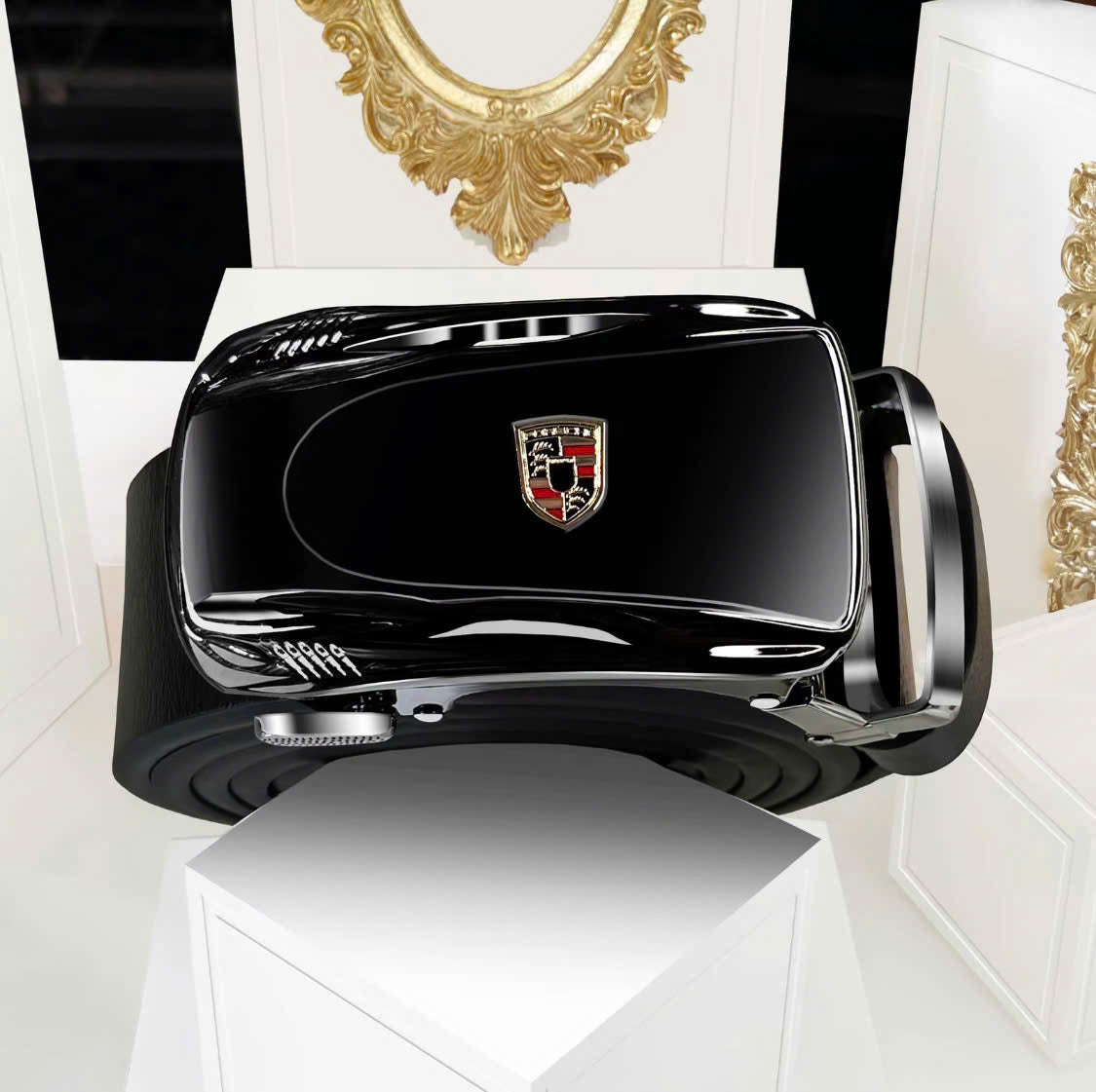 Men's genuine cowhide leather belt with high-quality glossy black alloy buckle, model THNT051