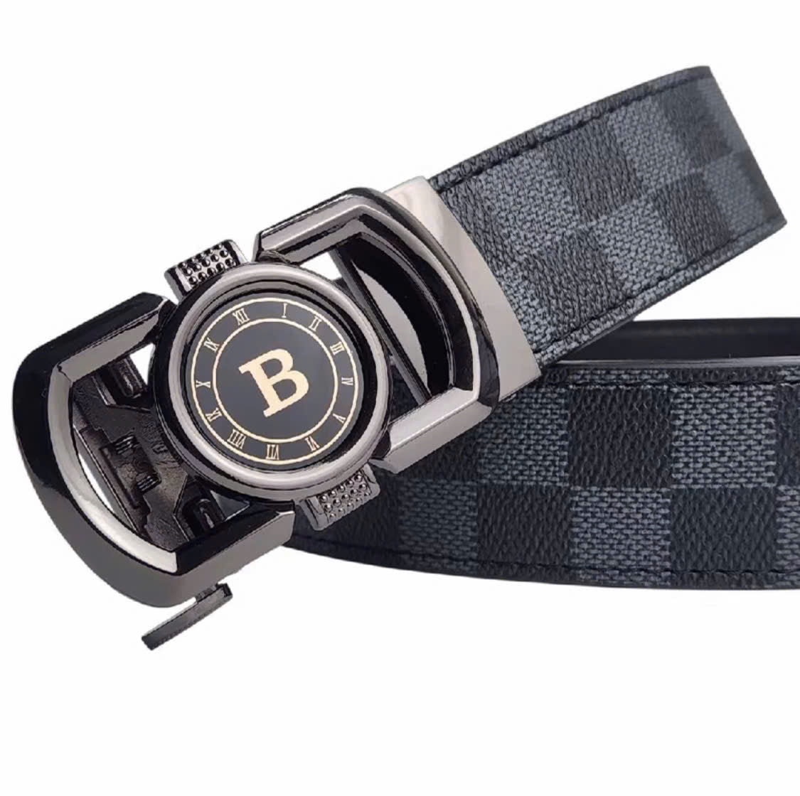 Men's genuine cowhide leather belt with premium alloy buckle bearing the letter B, model THNT051