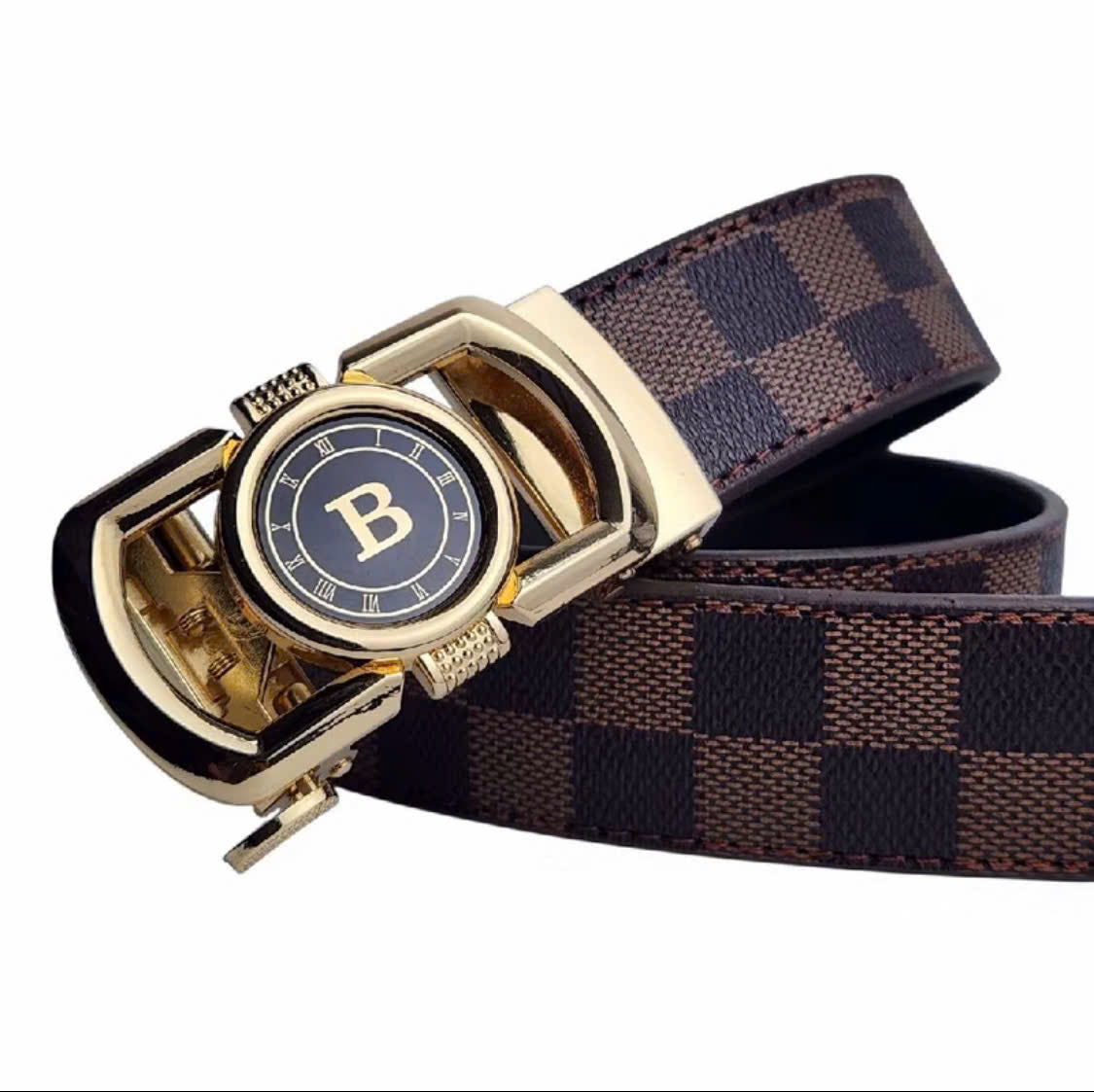 Men's genuine cowhide leather belt with premium alloy buckle bearing the letter B, model THNT051