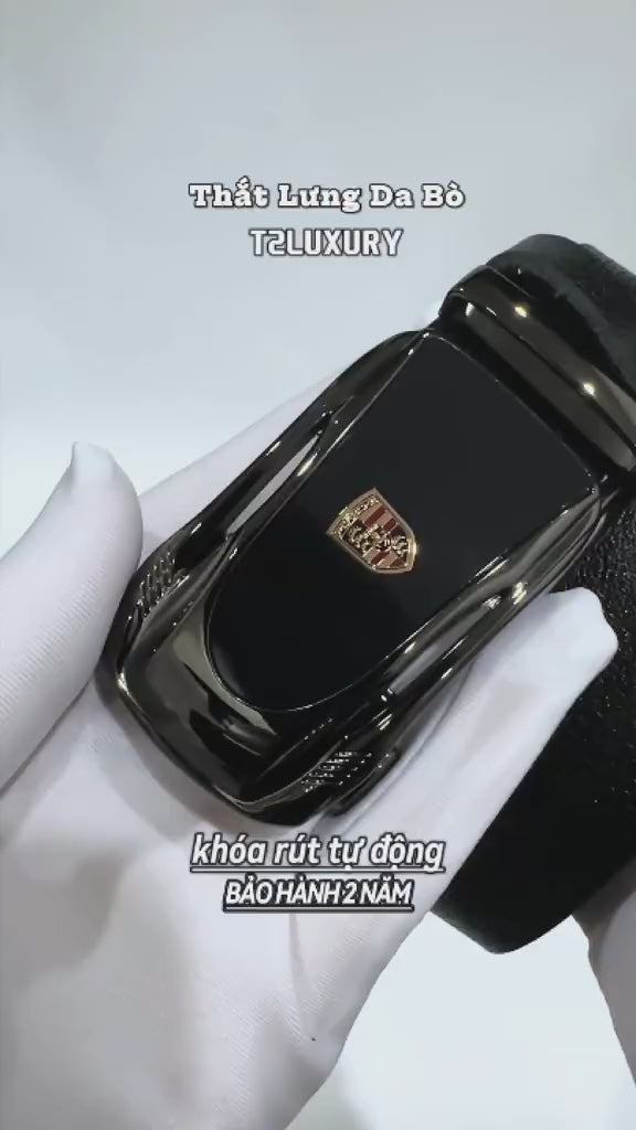 Men's genuine cowhide leather belt with high-quality glossy black alloy buckle, model THNT051